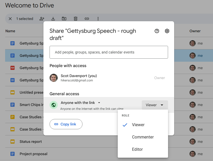 screenshot of google drive share pane when sharing a document with a public link