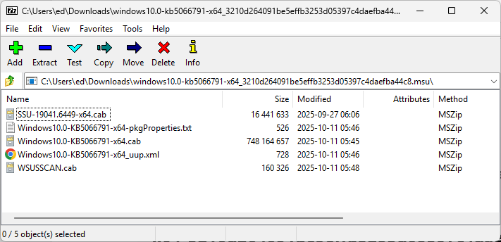 7-zip screen with contents of msu file extracted - the cab file is included