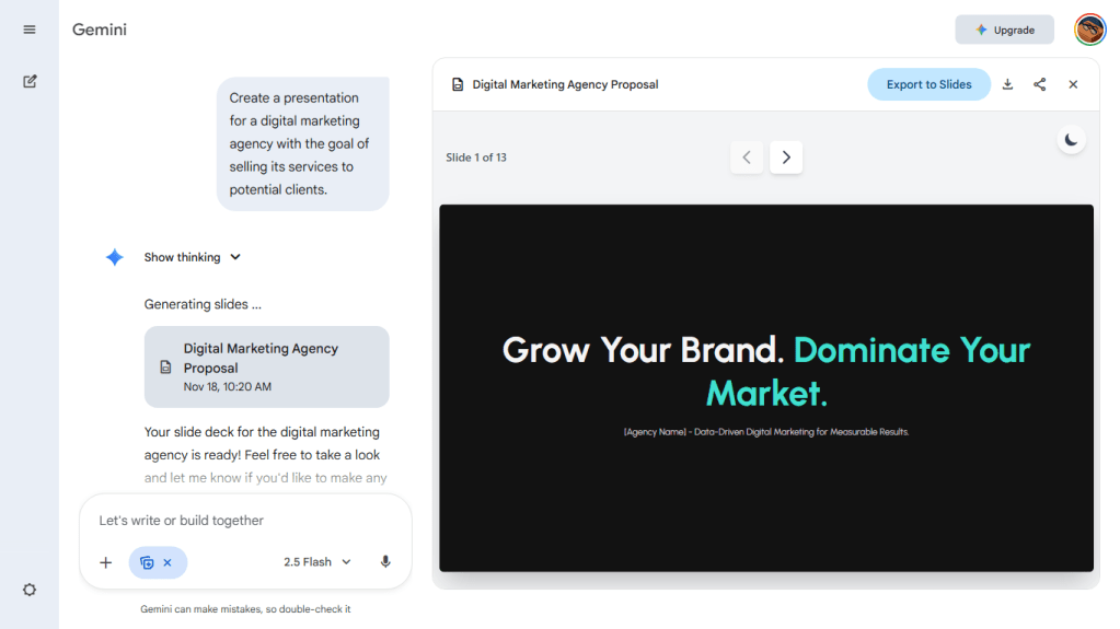 gemini app showing a generated slideshow with export to slides button above