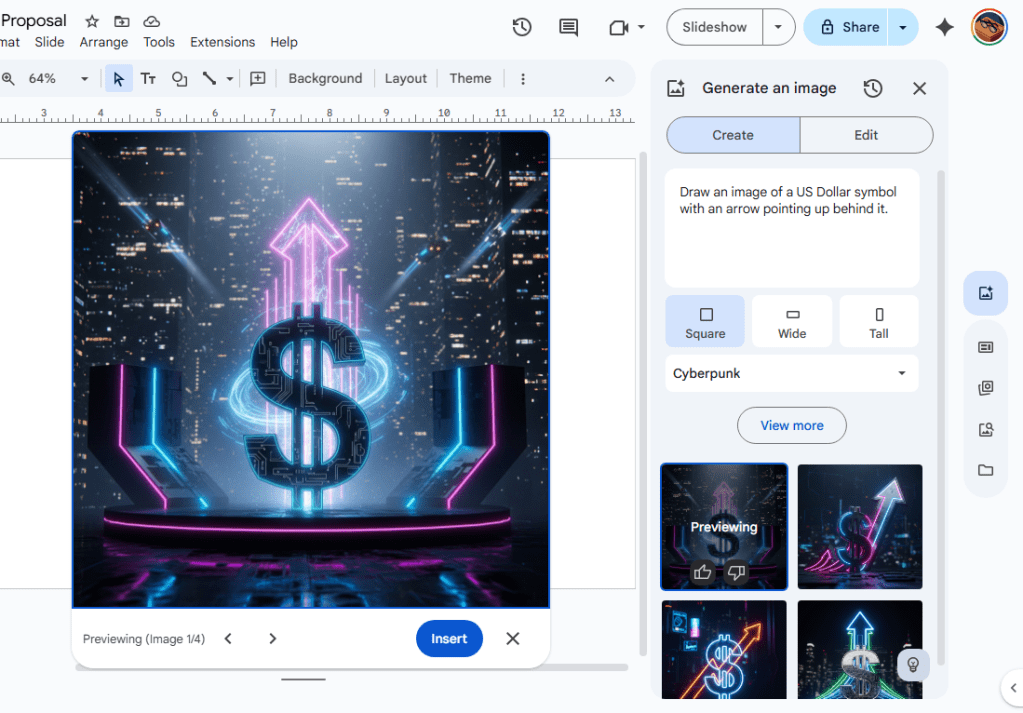 google slides with generated image in main window and four thumbnails in gemini sidebar