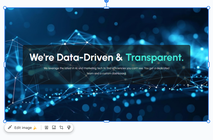 image selected in google slides with edit image toolbar appearing below