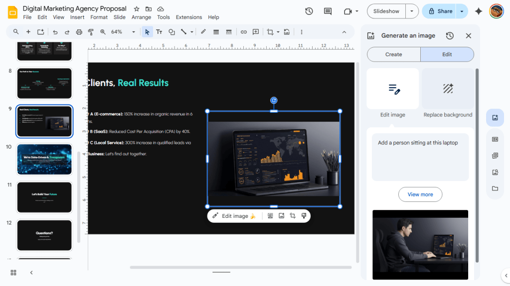 google slides with original image in main window and edited version in the gemini sidebar