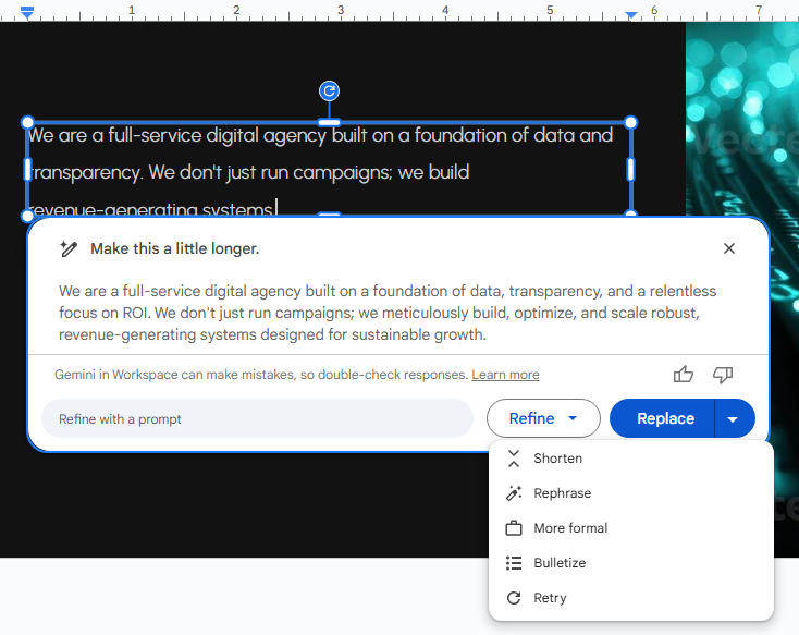 pop up window in slides with revised text generated by gemini