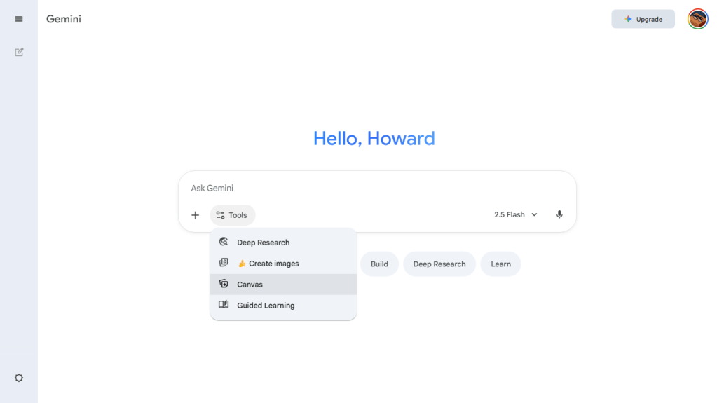 gemini web app with canvas being selected from the tools menu