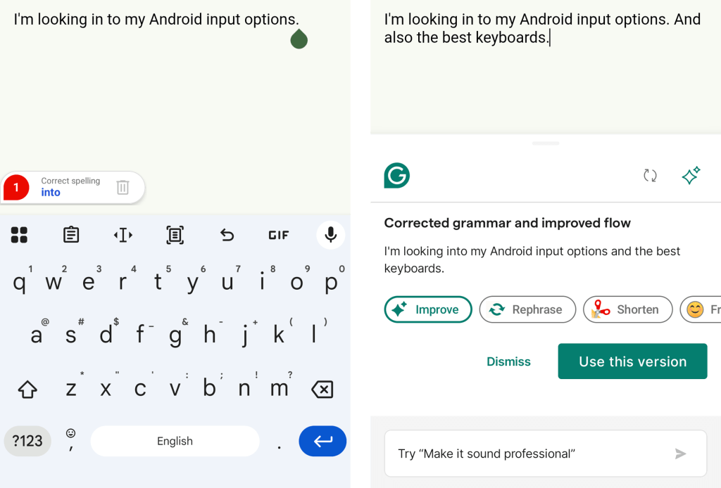 grammarly pop-ups with editing suggestions for typed text