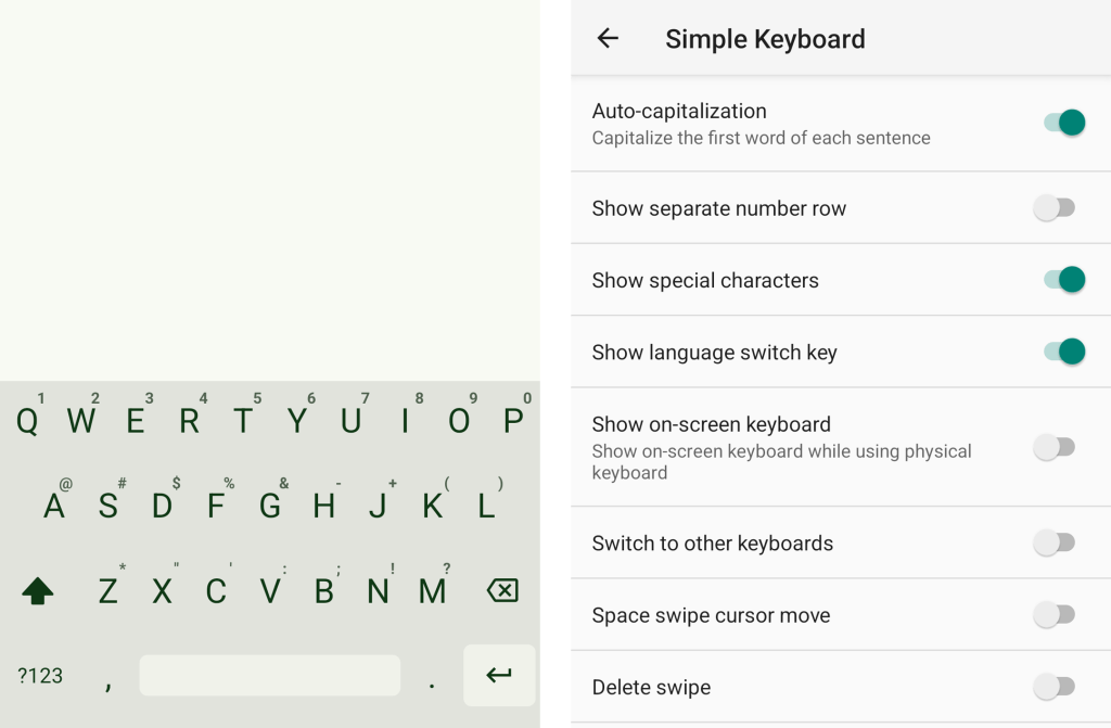 simple keyboard app and its options menu